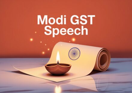 Modi GST speech Diwali gift - announcement visual showing Diya and GST text