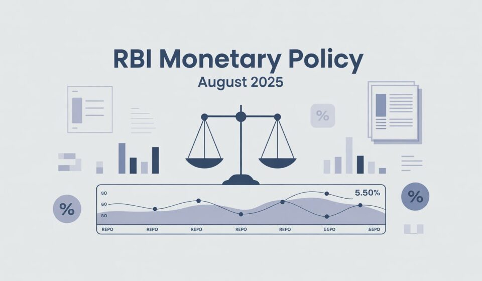 RBI Monetary Policy August 2025: 5 Key Moves That Could Shake Your Wallet A symbolic financial balance graphic with a steady 5.50% interest rate line, representing the RBI monetary policy update for August 2025